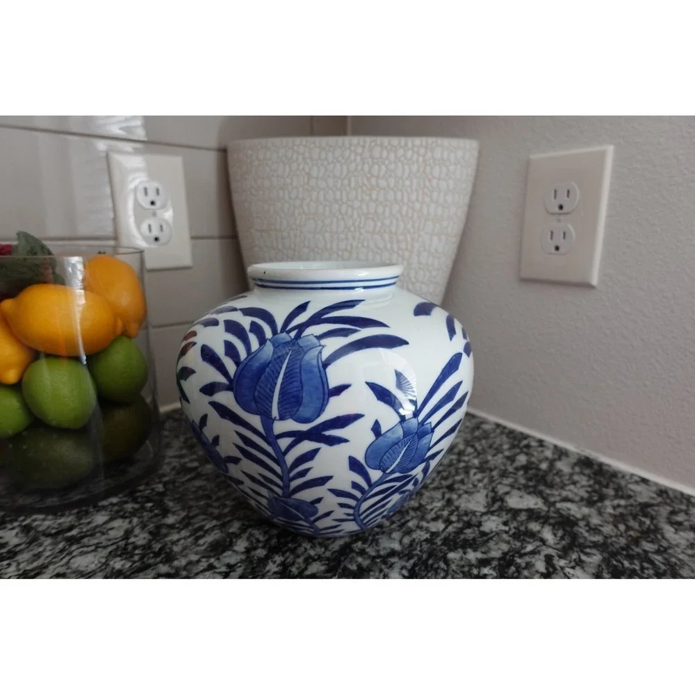 Blue and White Floral Ceramic Vase Round Decorative Accent Vase